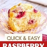 Bitten and whole raspberry muffins with red and white text overlay.