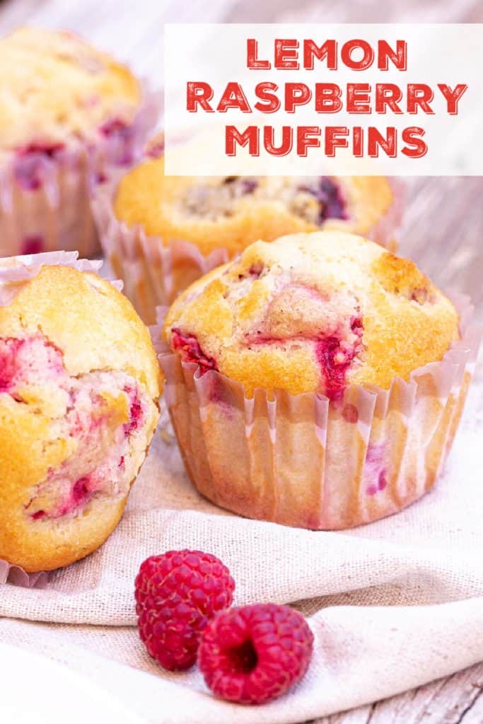 Several raspberry muffins on beige pinkish linen; red white text overlay