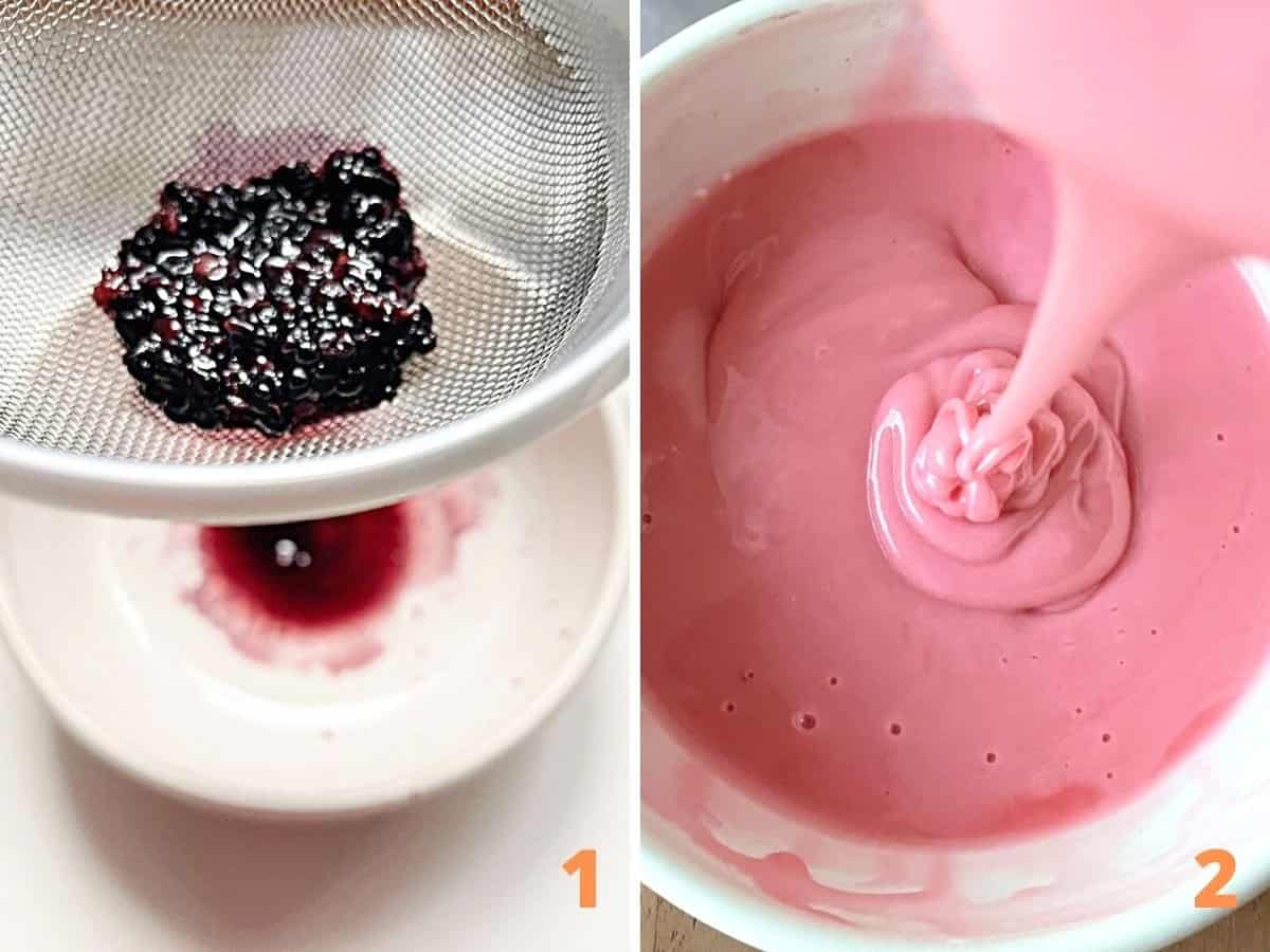 Blackberries in colander over white bowl and pink glaze poured from spoon.