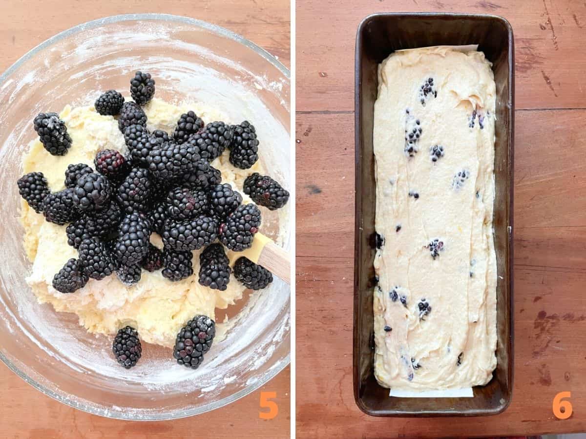 Two image collage showing cake batter with blackberries in bowl and loaf pan with unbaked batter.
