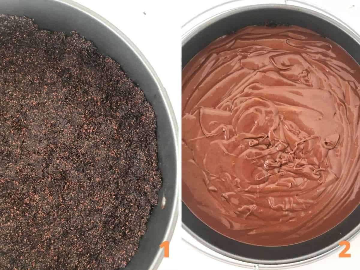 Collage showing round cake pan with chocolate crust and will chocolate cheesecake filling.