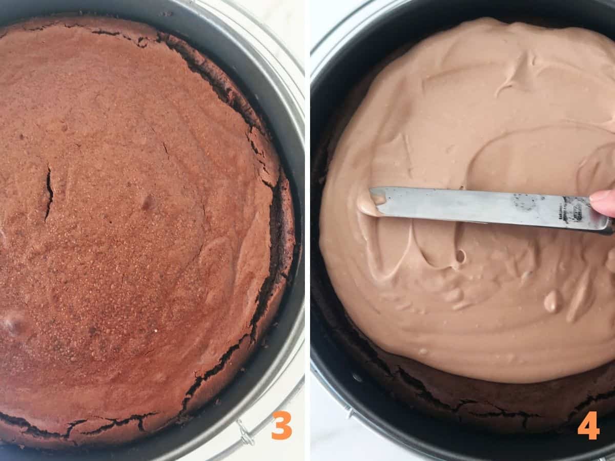 Baked chocolate cheesecake in pan on white surface, and spreading brown topping over it with knife.. 
