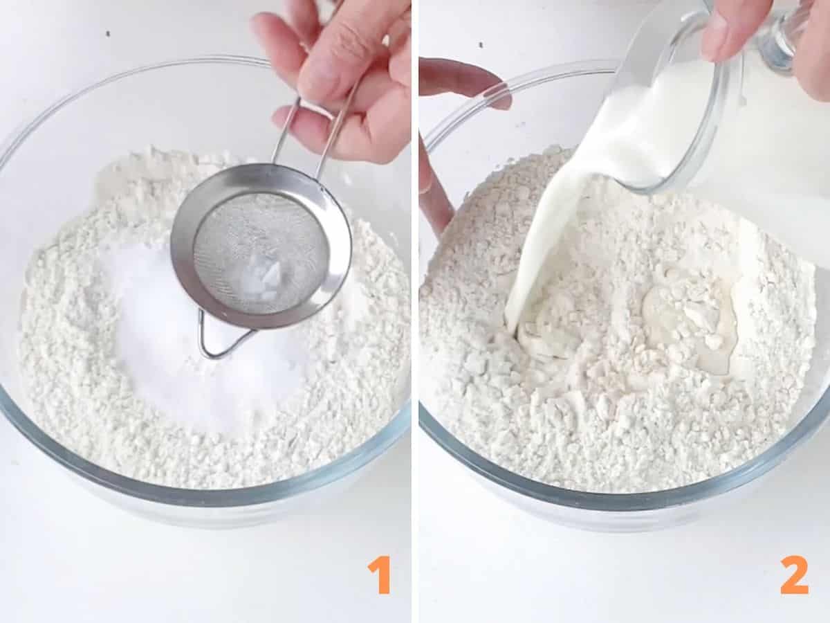 Collage showing hand sifting baking soda over flour in glass bowl and adding milk.