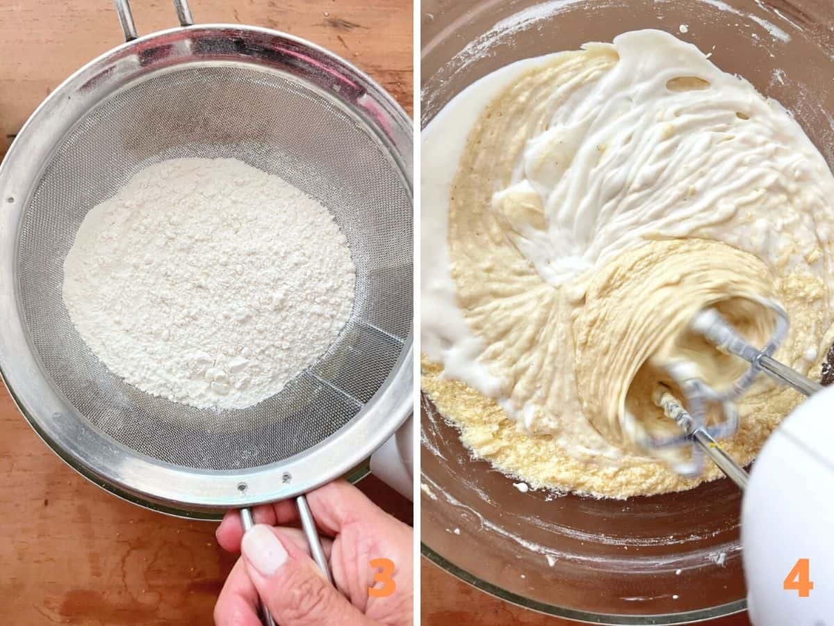 Collage sifting flour over bowl on wooden table, and mixing cake batter with yogurt.
