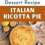 Brown, blue and white text overlay on eaten slice and whole ricotta pie.