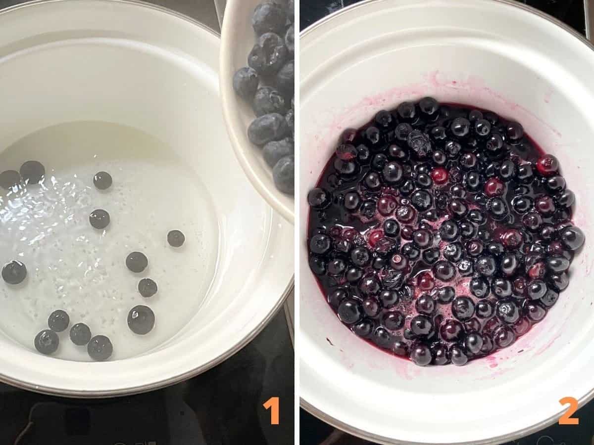 Collage showing adding blueberries to white saucepan with syrup and mixture simmering.