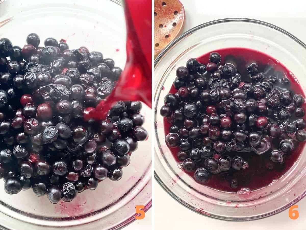 Pouring blueberry syrup onto blueberries in glass bowl, and top view of said bowl.