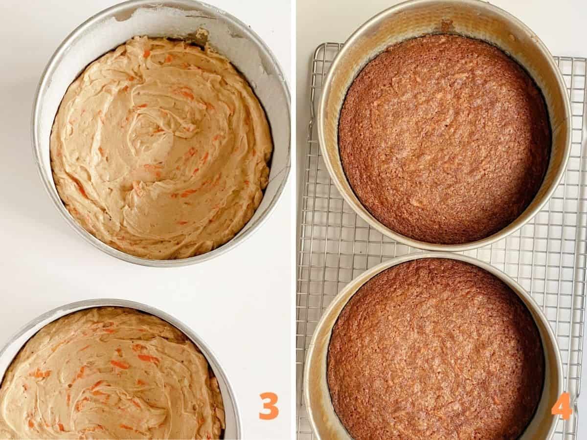 Image collage showing two cake pans with unbaked and baked carrot cake.