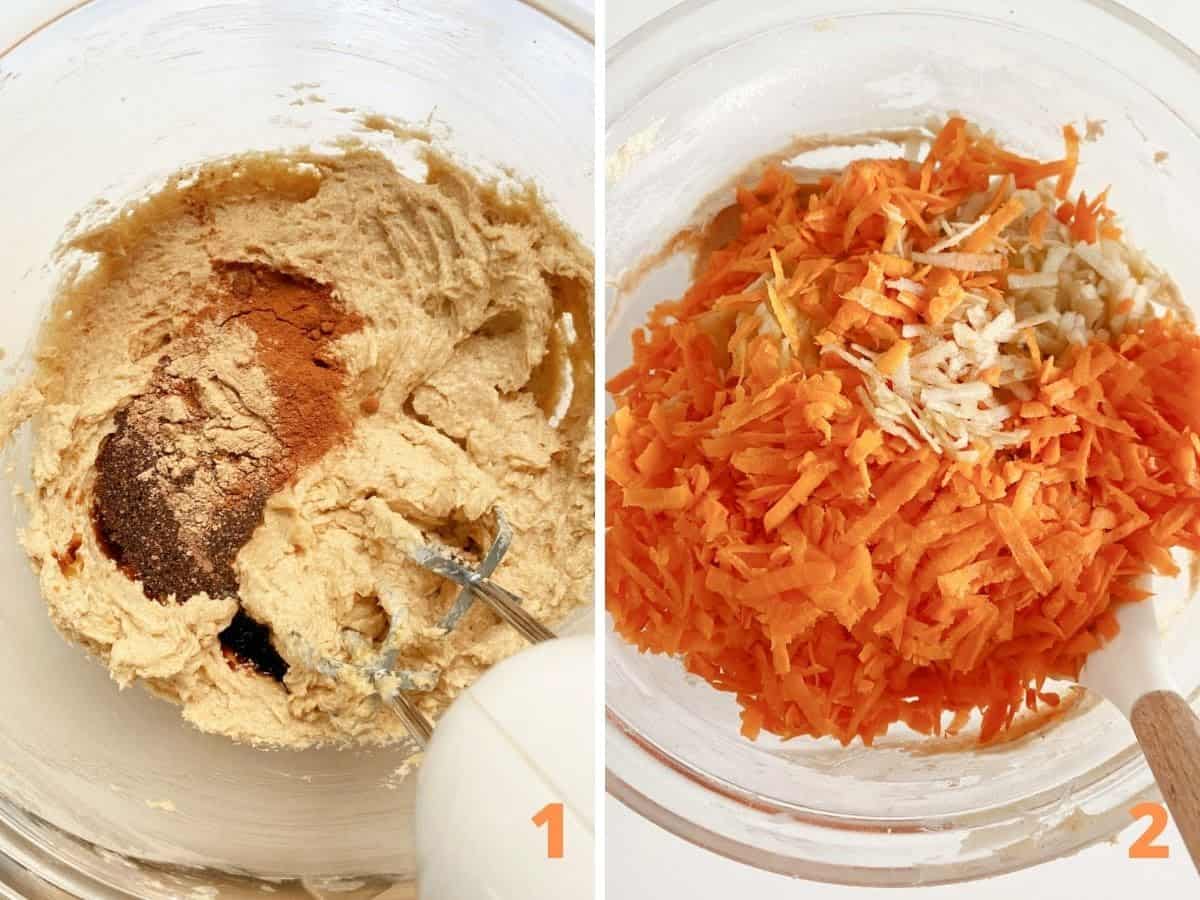 Collage showing spice cake mix in glass bowl, and adding grated carrots.