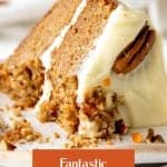 Orange text overlay on slice of eaten carrot cake with frosting on white plates.