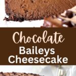 Brown and white text overlay on two images of sliced and whole chocolate cheesecake.