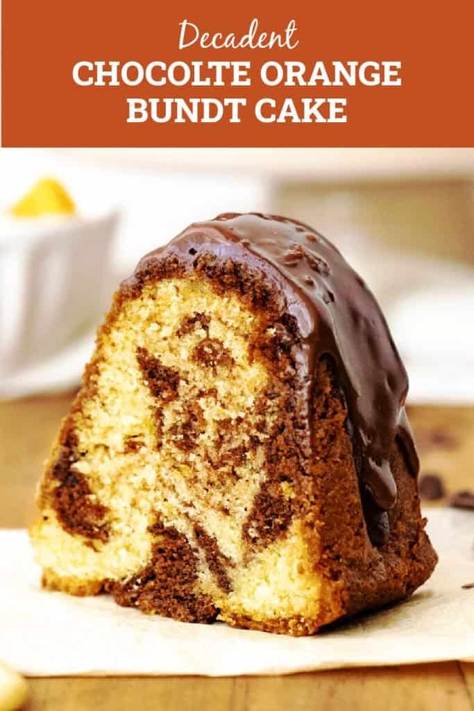 One slice of marbled bundt cake with chocolate glaze, brown white text overlay.