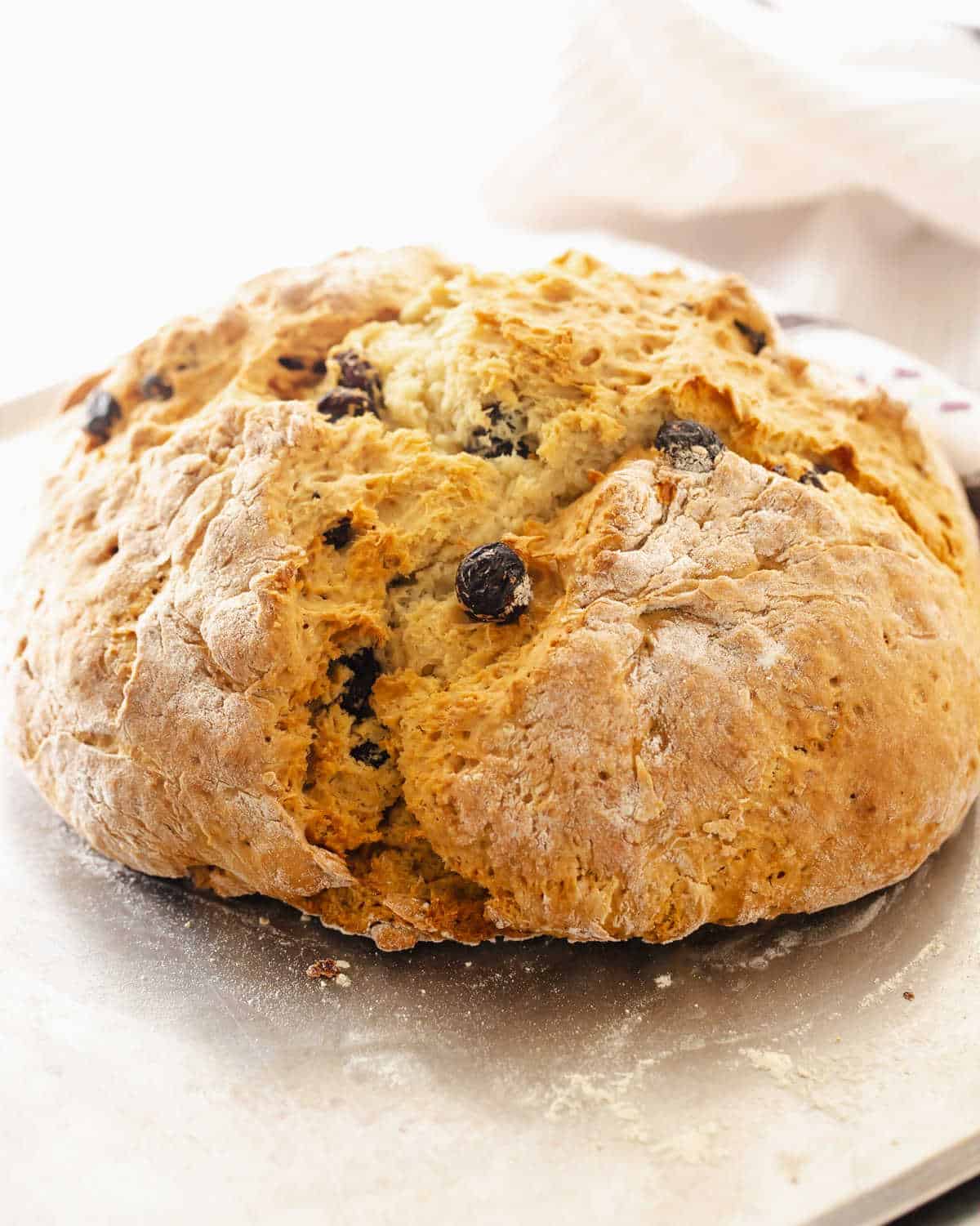 Whole loaf of soda bread with raisins on metal sheet, white background.