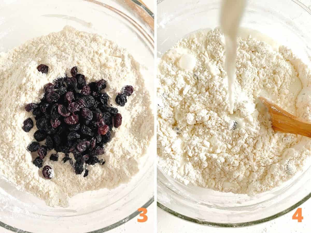 Raisins added to flour mixture in bowl and adding buttermilk; a collage. 