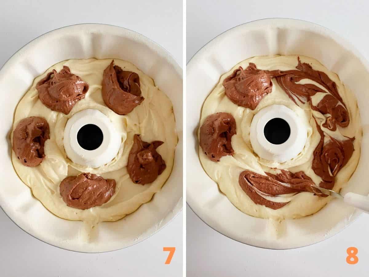 White bundt pan with two colored batters, marbling them with tip of knife; a collage.