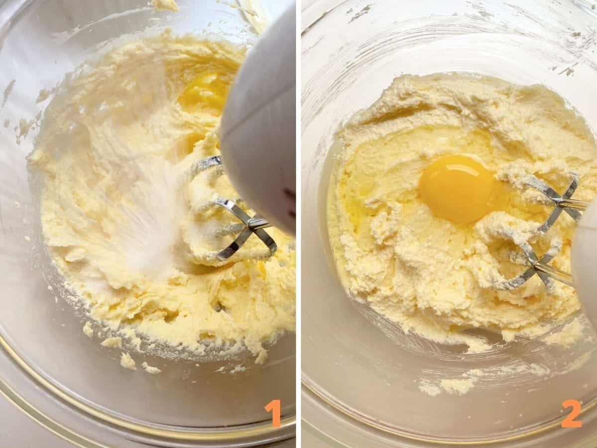 Beating cake batter while adding sugar and after adding egg; a collage