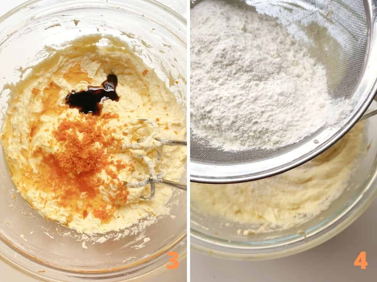 Two image collage showing cake batter with orange zest and vanilla and sifting flour over it.