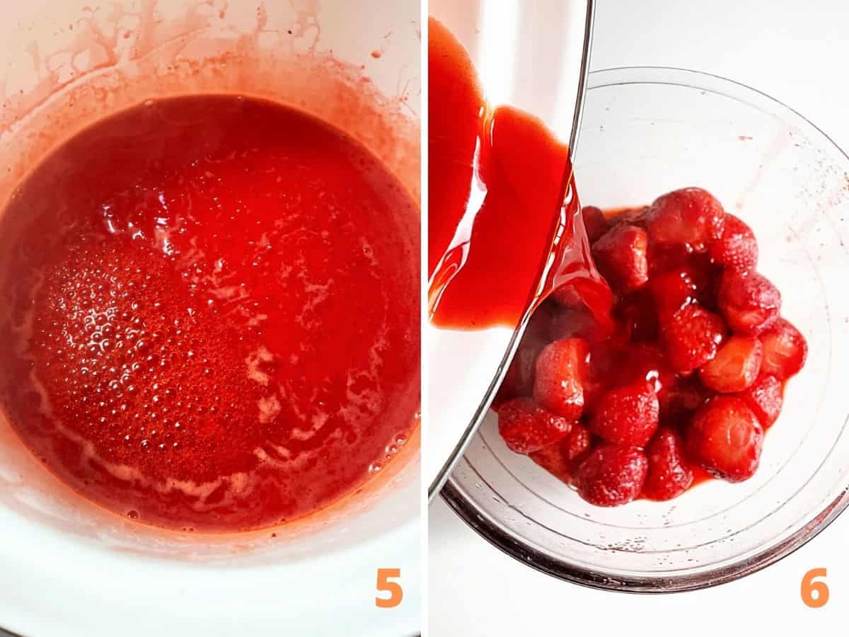 Juice from strawberries simmering and pouring strawberries with juice onto glass bowl.