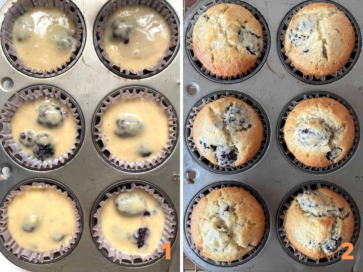 Top view of baked and unbaked blackberry muffins in dark metal pan; a collage.