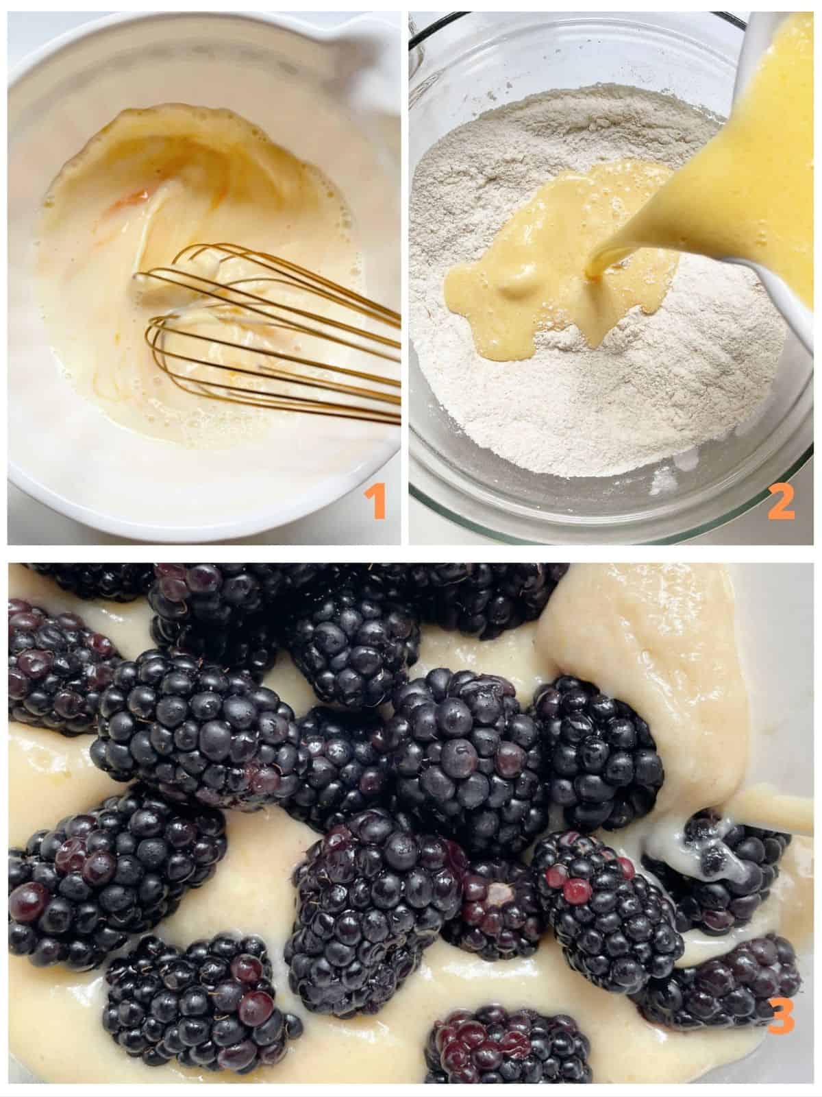 Three image collage showing mixing of blueberry muffins in glass bowl with gold whisk.