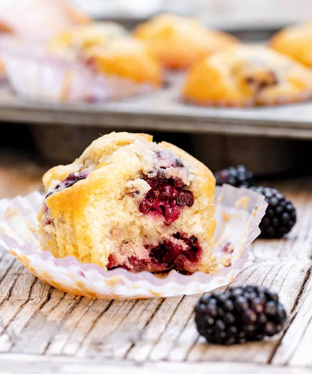 Half eaten blackberry muffin in paper cup, grey wood surface, fresh blackberries, muffin pan in background.