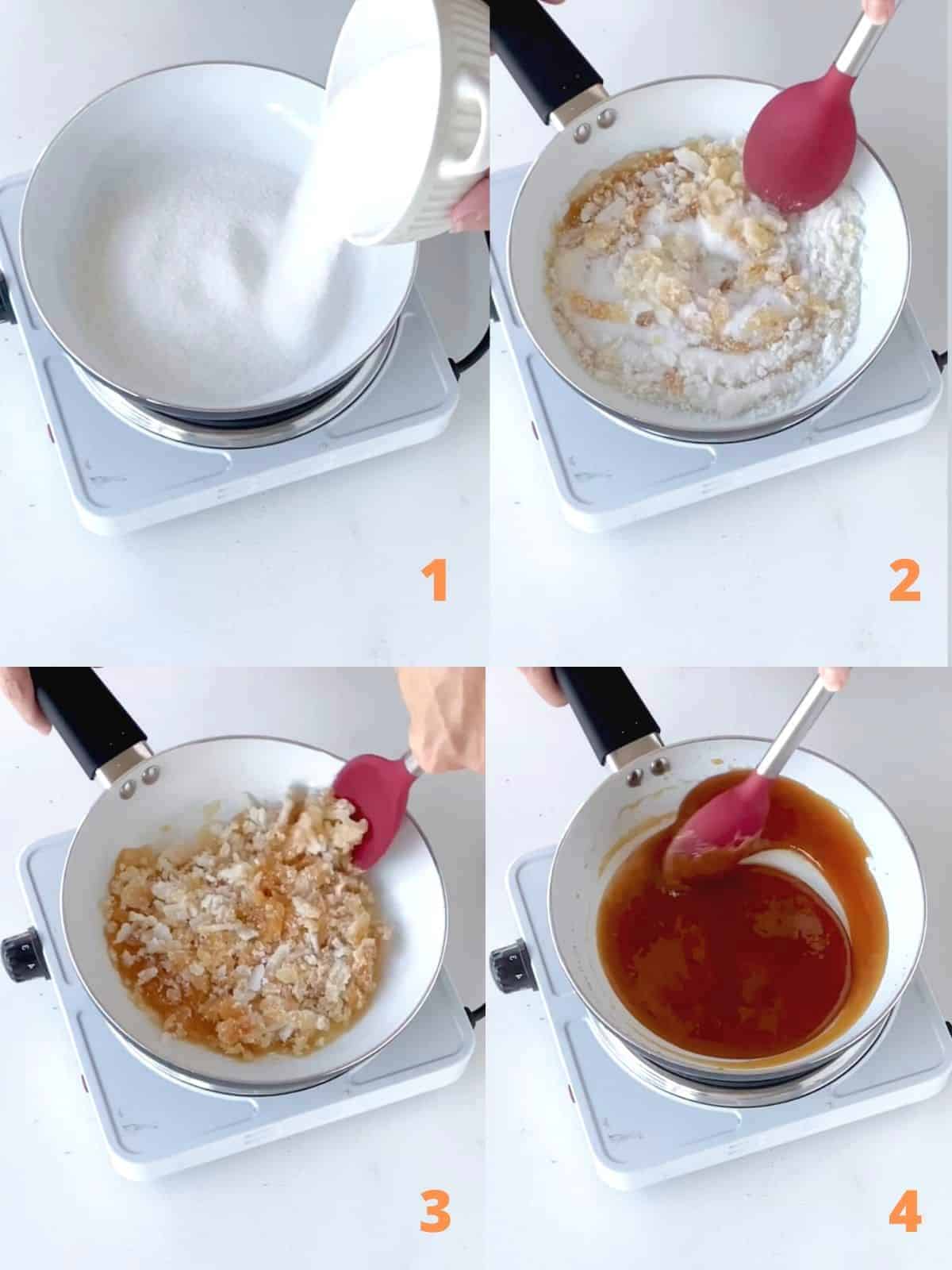 Four image collage showing caramel being made in a white skillet on a white table.
