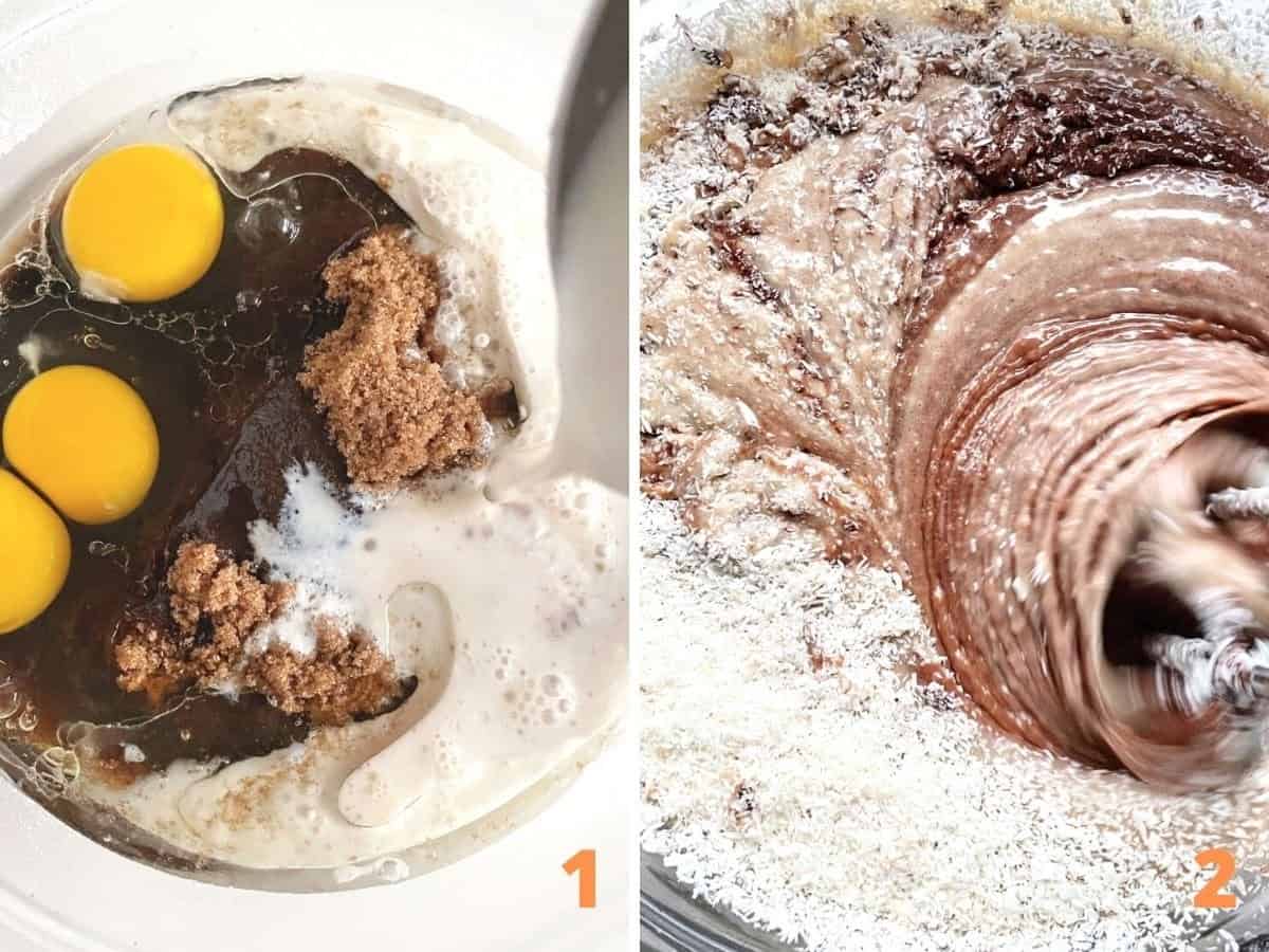 Two image collage showing ingredients for coconut chocolate cake being mixed with beaters.