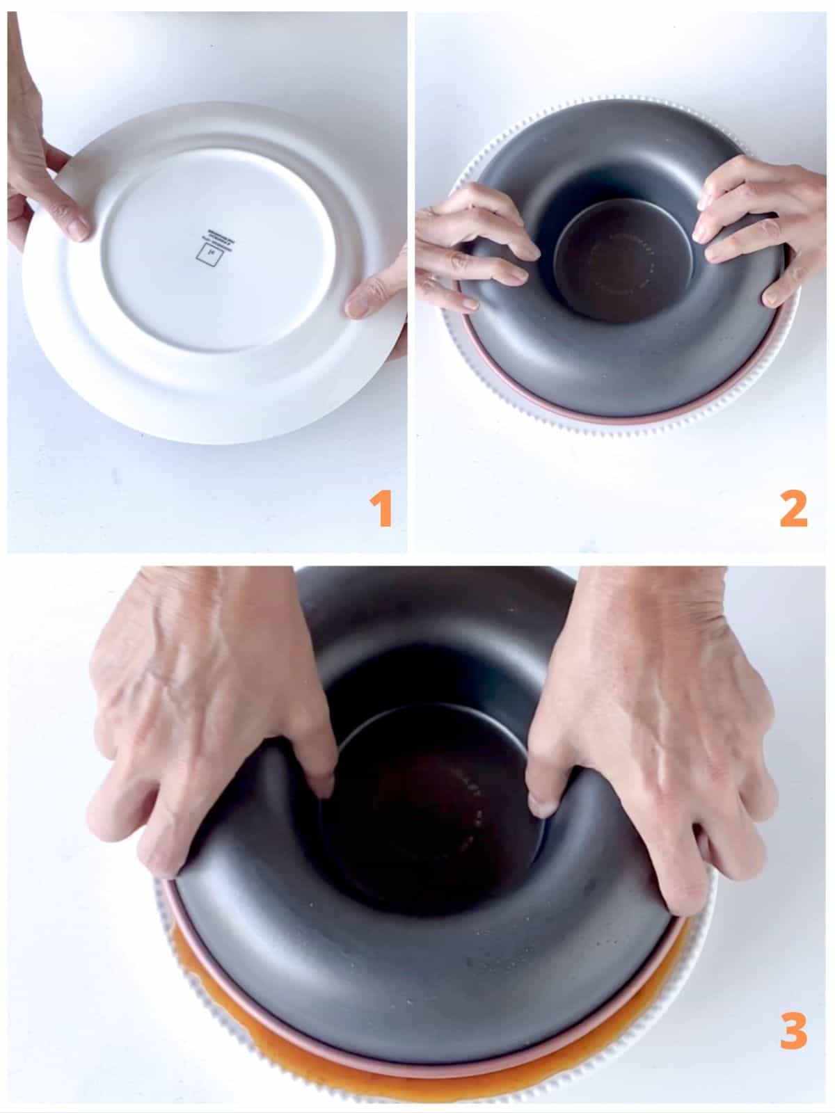 Three image collage showing hands flipping over flan from pan with white plate on white table.