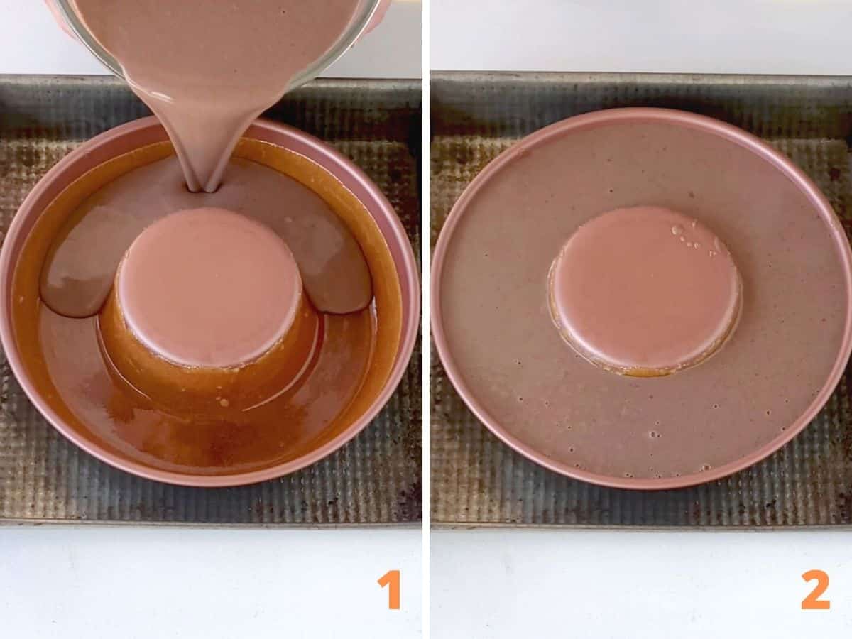 Two image collage showing chocolate custard being poured into copper flan pan on baking tray.