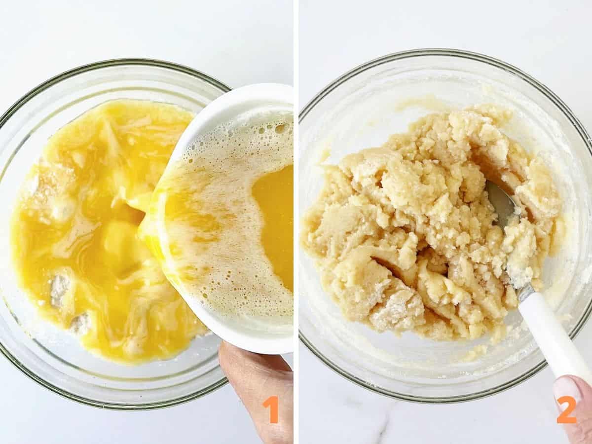 Two image collage of dump cake topping, adding melted butter to cake mix, and final mix in glass bowl.