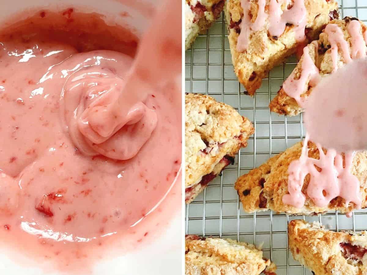 Two image collage of pink glaze close up and glazing triangle scones on metal rack.