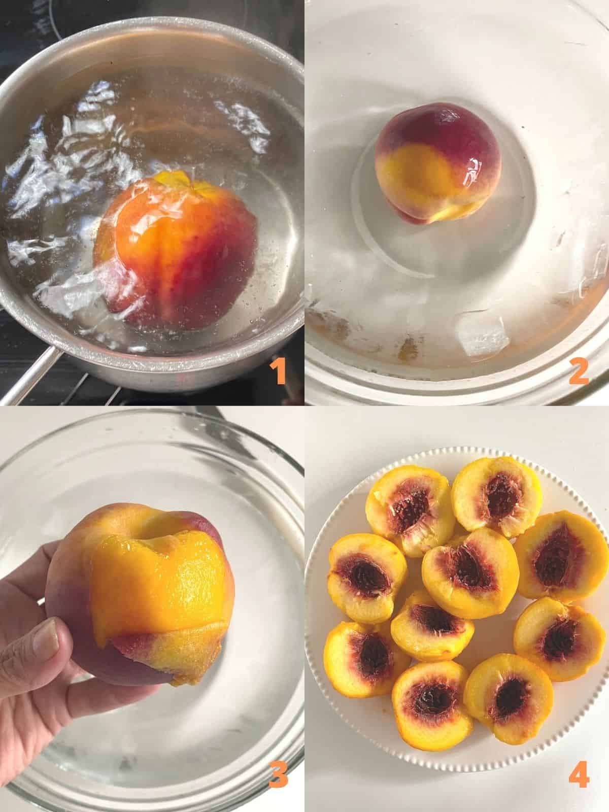 Four image collage showing different steps for peeling a peach and opening them in half.