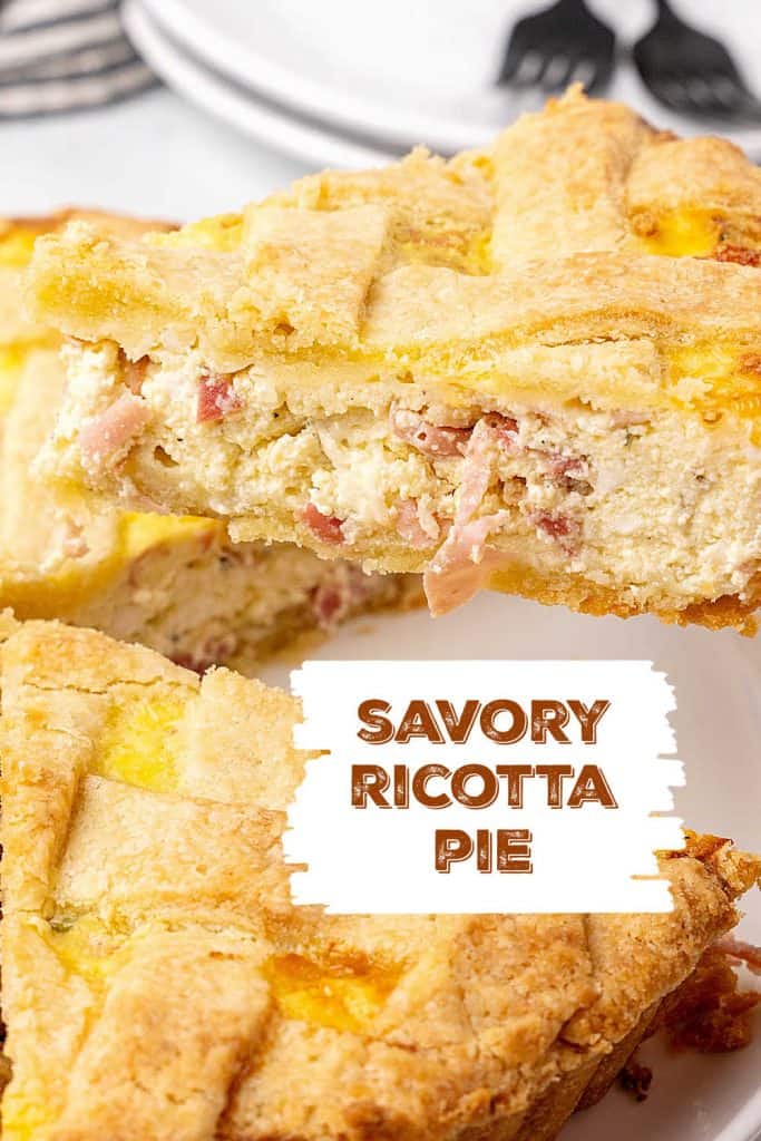 Text overlay on close up image of pizza rustica pie sliced.