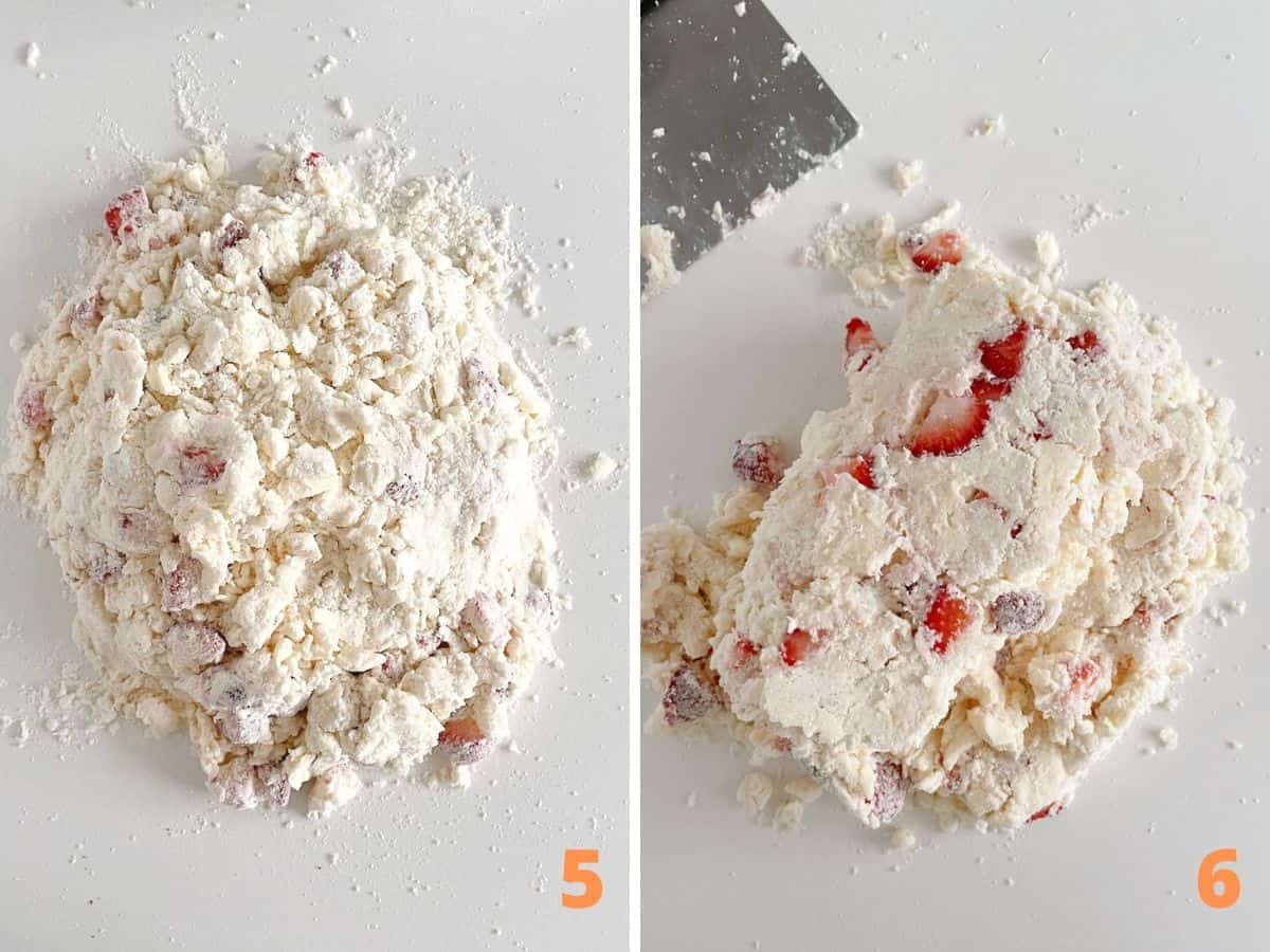 White surface with shaggy mass of strawberry scone dough, and folding the dough.