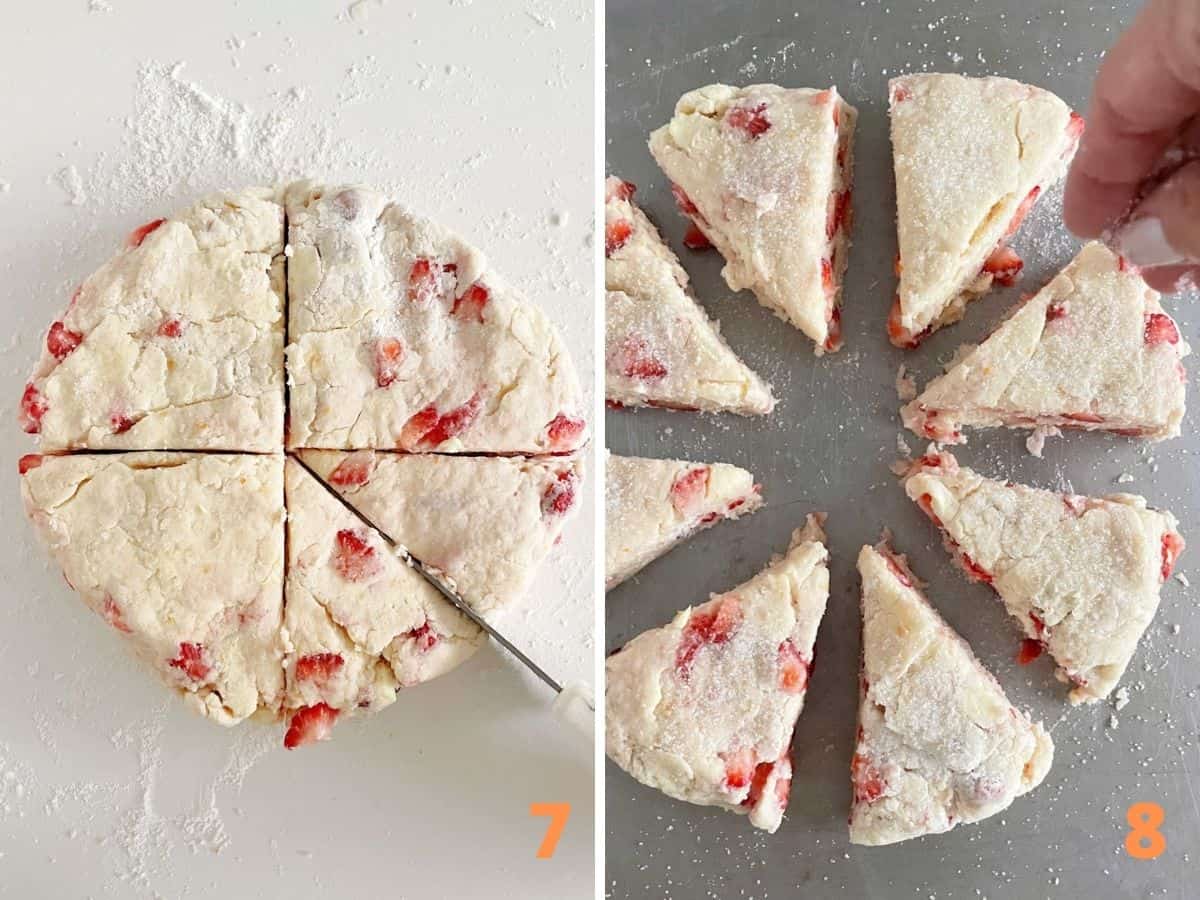 Cutting round disc of strawberry scone dough on white surface, sprinkling sugar over them on baking sheets.
