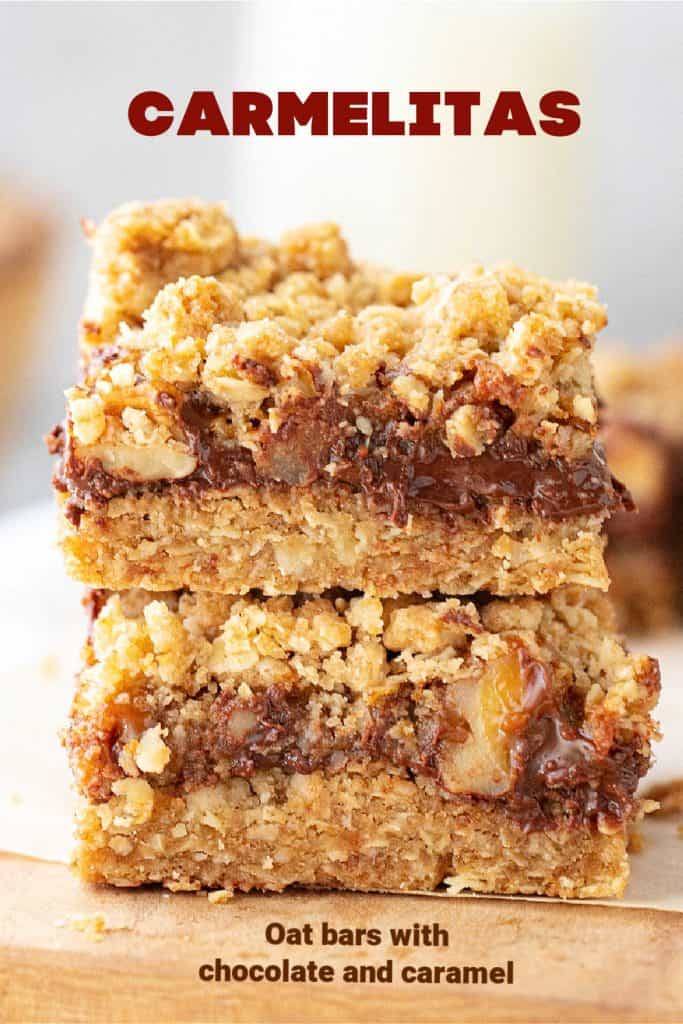Front image of stacked chocolate oat bars, brown text overlay.