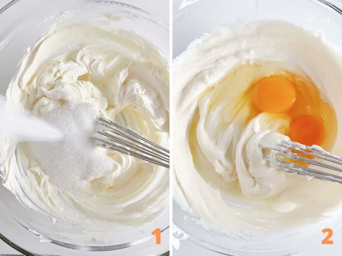 Mixing sugar into cream cheese filling in glass bowl with whisk, and adding two eggs.