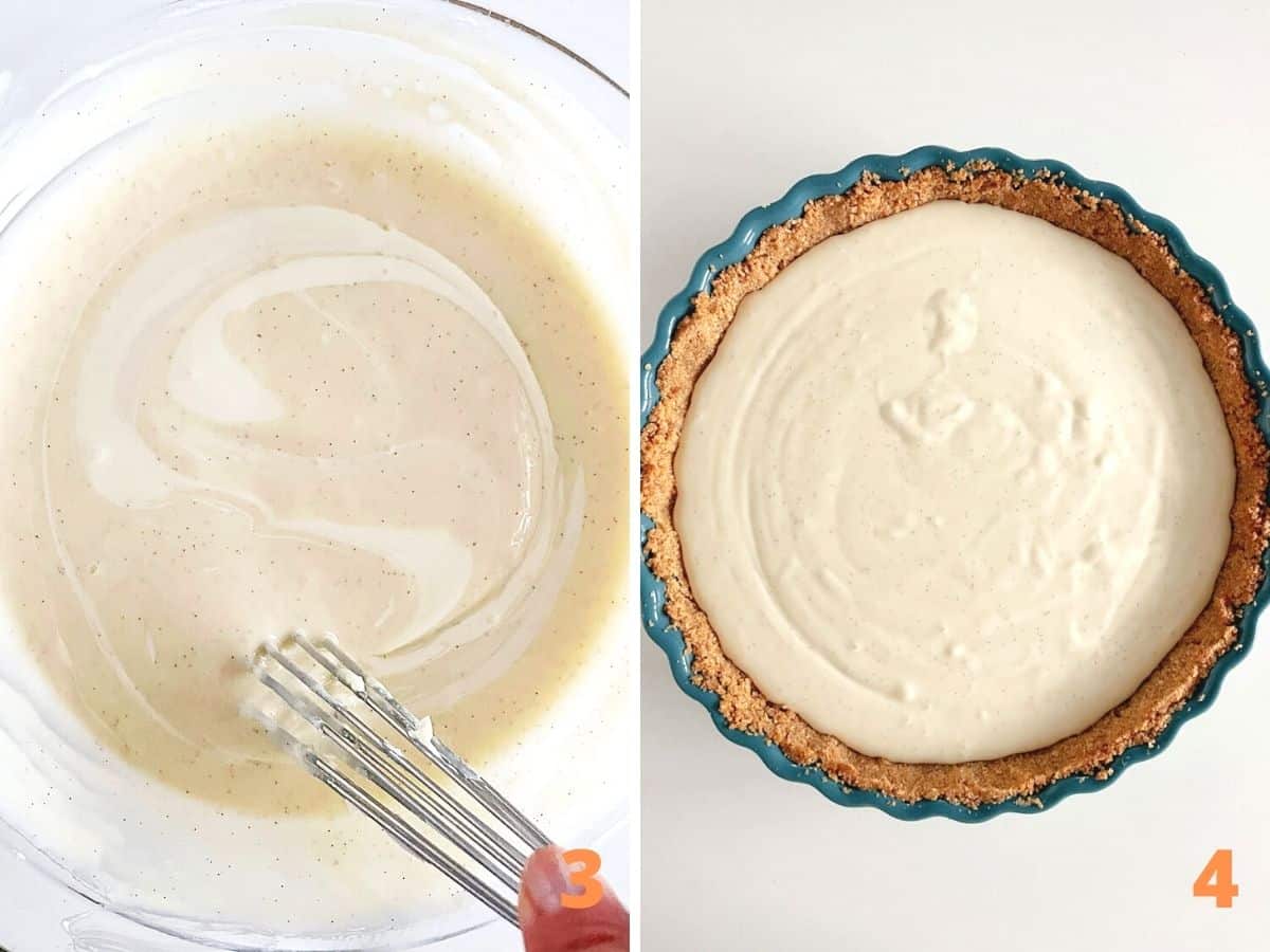 Top view of whisk stirring cheesecake filling in glass bowl and teal pie dish with unbaked filling on white surface.