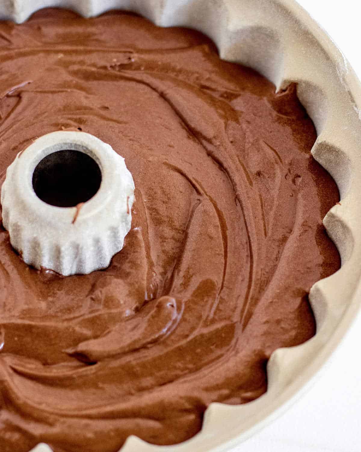 Chocolate cake batter in a bundt pan. Partial view.