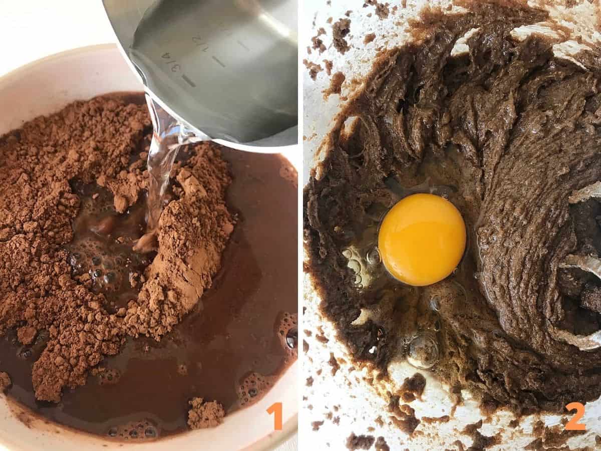 Two image collage showing adding water to cocoa powder and adding egg to chocolate batter.