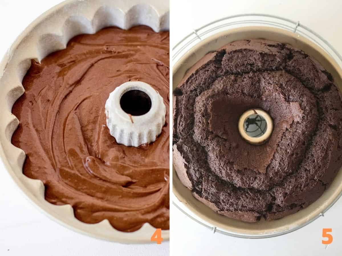 Unbaked chocolate batter in bundt pan and top view of baked cake; a collage.