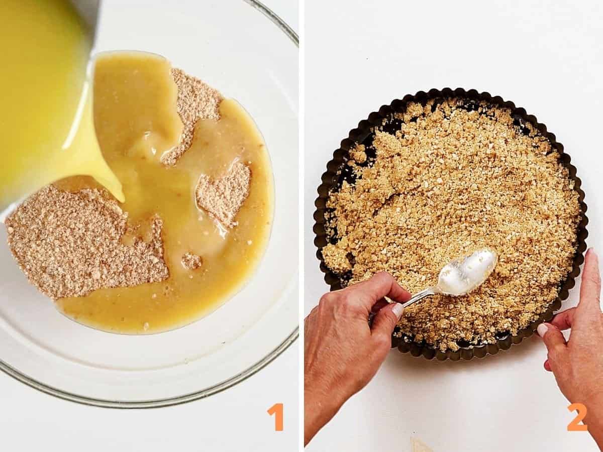 Collage showing melted butter added to crumbs in bowl and cookie crust mixture in pie pan.