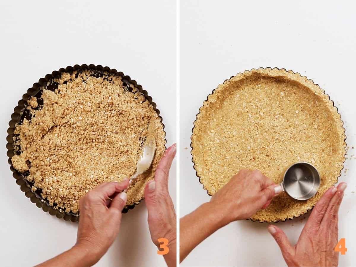 Forming cookie crumb crust with spoon and cup, top view on white surface.