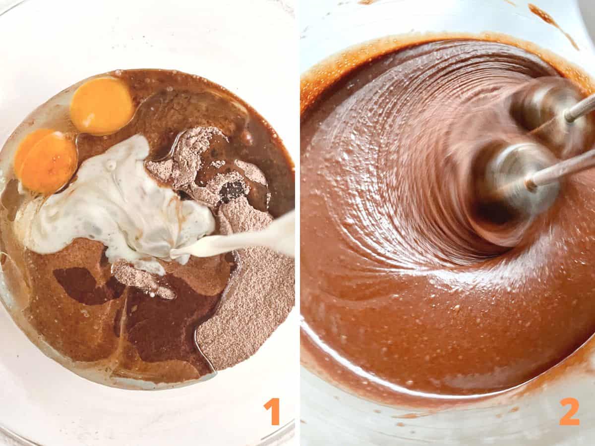 Two image collage showing ingredients for chocolate cake in glass bowl, and beating chocolate batter.