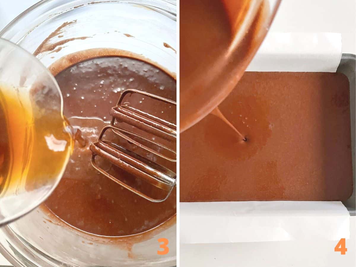 Adding coffee to chocolate batter in glass bowl, and pouring batter into rectangular cake pan.