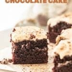 Brown text overlay on frosted chocolate cake squares on parchment paper and grey surface.