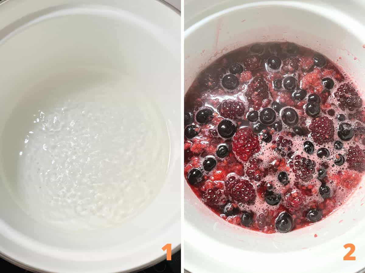 Two image collage showing white saucepan with boiling syrup and after adding mixed berries.