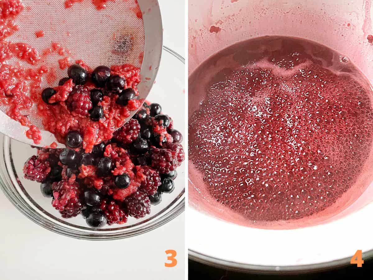 Transferring cooked berries to glass bowl with foamer and boiling red syrup in white saucepan.