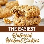 Bitten and whole oat walnut cookies. Brown and white text overlay.