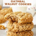 Stack of oatmeal cookies, one bitten, on grey surface; white brown text overlay.